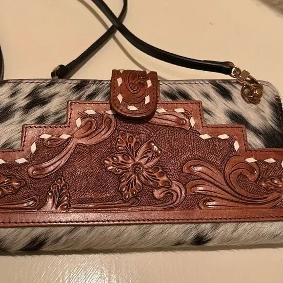 Sexy Little Vintage Leather And Cowhair Western Wallet On Chain Black Brown New - Picture 6 of 13